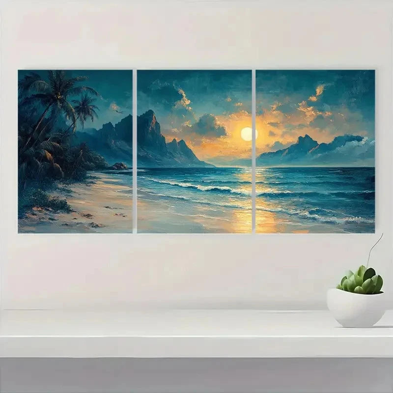 3pcs Tropical Beach Scene with Palm Trees T   Wall Art Set Canvas Framed 50x70cm - High Quality Print 100% Australian Made Wall Canvas Ready to Han - Bella Home Decor
