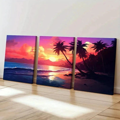3pcs Colorful Sky Palm Trees & Ocean Waves Wall Art Set Canvas Framed 40x60cm - High Quality Print 100% Australian Made Wall Canvas Ready to Hang - Bella Home Decor