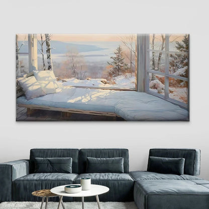 Cozy Snowy Cabin Window View Wall Art Canvas Office Home Room Framed 120x60cm