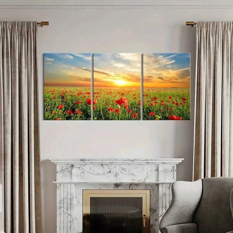3pcs Flower Field Sunset Natural Wall Art Set Canvas Framed 60x90cm - High Quality Print 100% Australian Made Wall Canvas Ready to Hang - Bella Home Decor