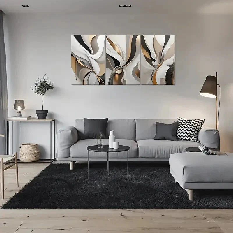 3pcs Black White & Golden Geometric Design Metal Print Ready to Hang Art - Bella Home Decor