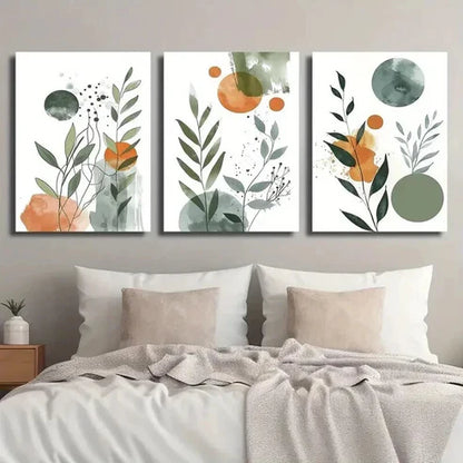 3pcs Nordic Green & Orange Botanical Leaf Wall Art Set Canvas Unframed - High Quality Print 100% Australian Made Wall Canvas