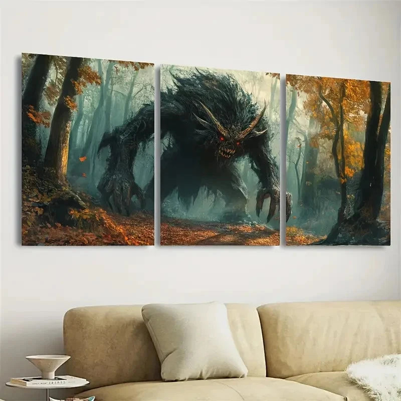 3pcs Frightening Forest Scene with Monster Wall Art Set Canvas Framed 60x90cm - High Quality Print 100% Australian Made Wall Canvas Ready to Hang - Bella Home Decor