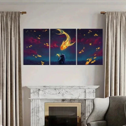 3pcs Fantasy Koi Fish And Black Cat Vintage Wall Art Canvas Unframed - High Quality Print 100% Australian Made Wall Canvas
