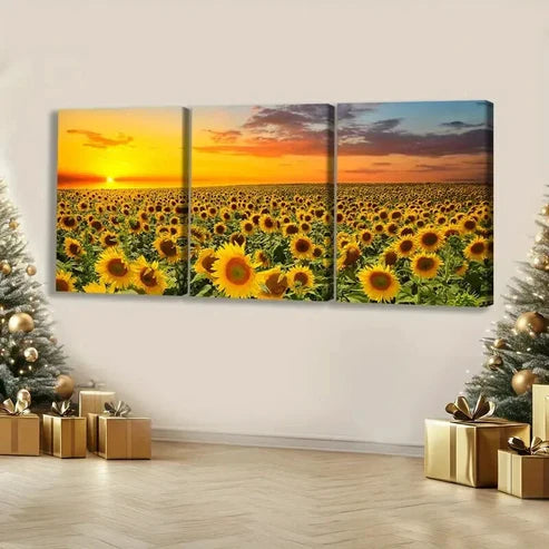 3pcs Golden Sunset Fields with Sunflower Wall Art Set Canvas Unframed - High Quality Print 100% Australian Made Wall Canvas - Bella Home Decor