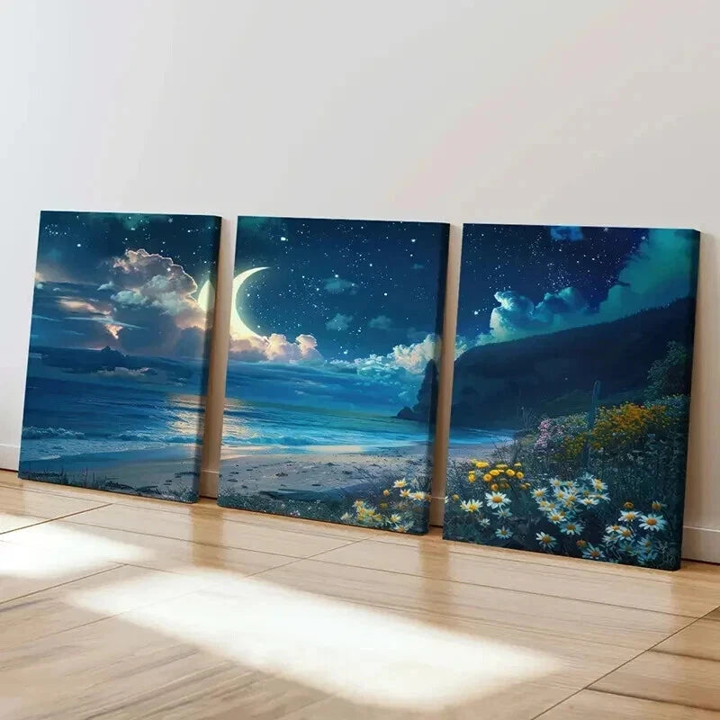 3pcs Beach Landscape Seaside Moon & Flowers Wall Art Set Canvas Framed 40x60cm - High Quality Print 100% Australian Made Wall Canvas Ready to Hang - Bella Home Decor