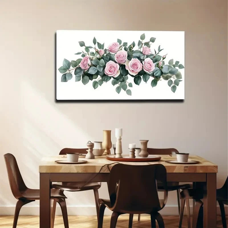 Dining room with a table and chairs, and a floral painting on the wall.