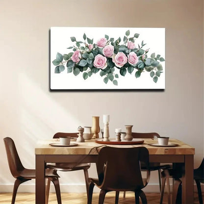 Dining room with a table and chairs, and a floral painting on the wall.