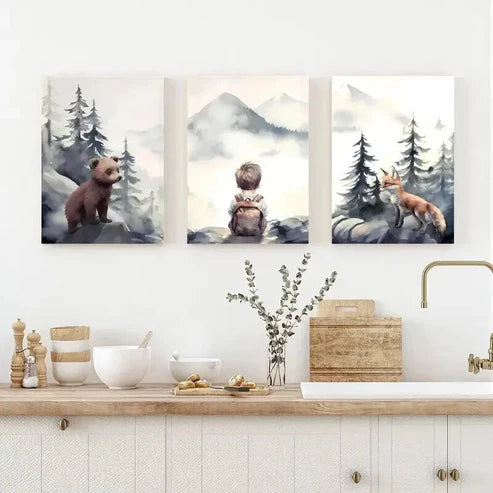 3pcs Bears Forest Wildlife & Mountain Peaks Wall Art Canvas Unframed - High Quality Print 100% Australian Made Wall Canvas - Bella Home Decor