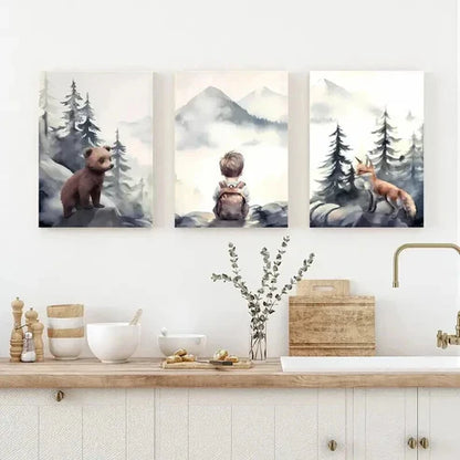 3pcs Bears Forest Wildlife & Mountain Peaks Wall Art Canvas Unframed - High Quality Print 100% Australian Made Wall Canvas - Bella Home Decor