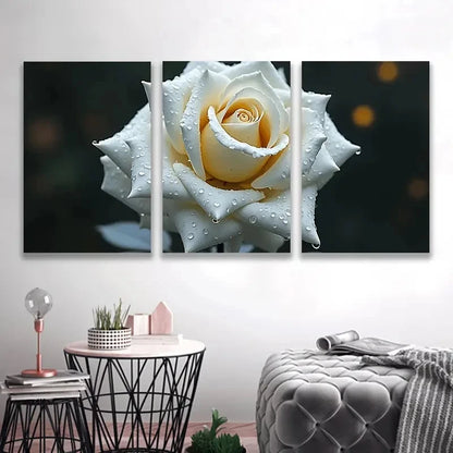 3pcs White Roses & Water Drops Triptych  Wall Art Set Canvas Framed 60x90cm - High Quality Print 100% Australian Made Wall Canvas Ready to Hang
