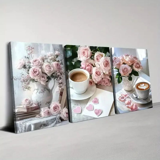 3pc Charming Pink Rose Coffee on a table Wall Art Set Canvas Framed 50x70cm - High Quality Print 100% Australian Made Wall Canvas Ready to Hang