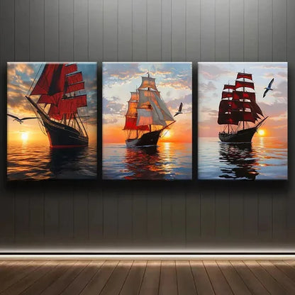 3pcs Sailboat at Sunset Decoration Sun Shine Wall Art Set Canvas Unframed - High Quality Print 100% Australian Made Wall Canvas