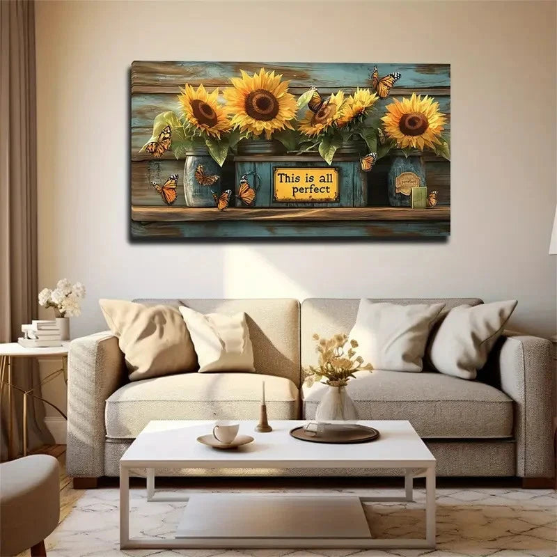 Vibrant Sunflower & Butterfly Wall Art Canvas Office Home Room Framed 120x60cm
