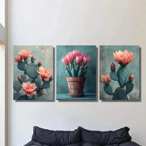 3pcs Cactus Flowers Potted Desert Plants Wall Art Canvas Unframed - High Quality Print 100% Australian Made Wall Canvas