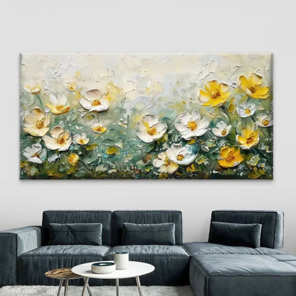 Yellow White Flower Field Wall Art Canvas Office Home Room Framed 120x60cm