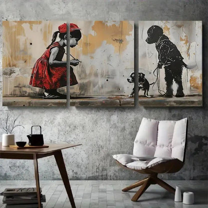 3pcs Street Art Girl with Dog Wall Art Set Canvas Framed 40x60cm - High Quality Print 100% Australian Made Wall Canvas Ready to Hang