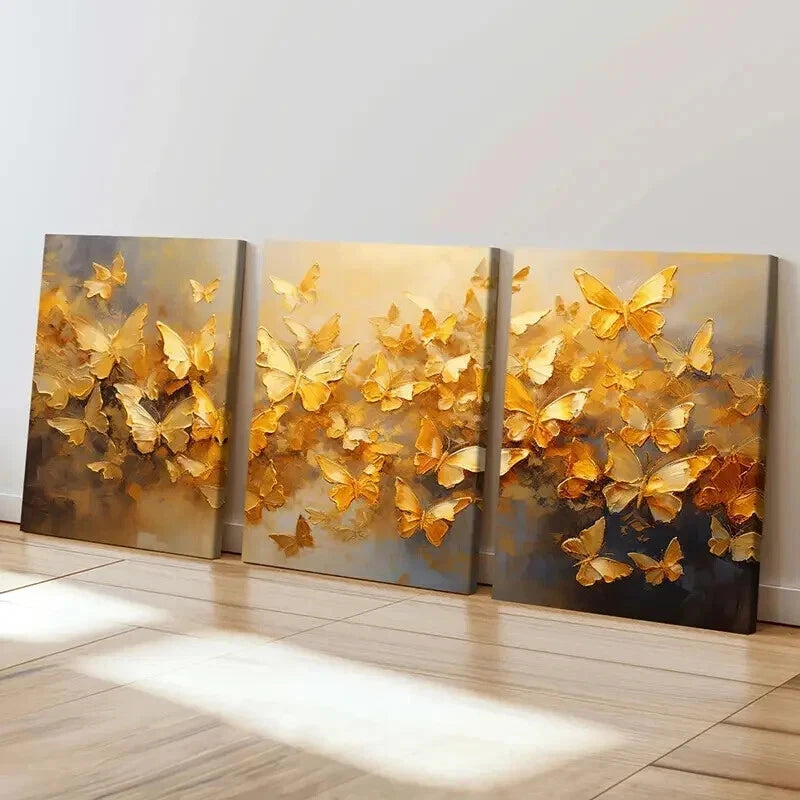 3pcs Abstract Art Gold Foil Butterfly Wall Art Set Canvas Framed 40x60cm - High Quality Print 100% Australian Made Wall Canvas Ready to Hang - Bella Home Decor