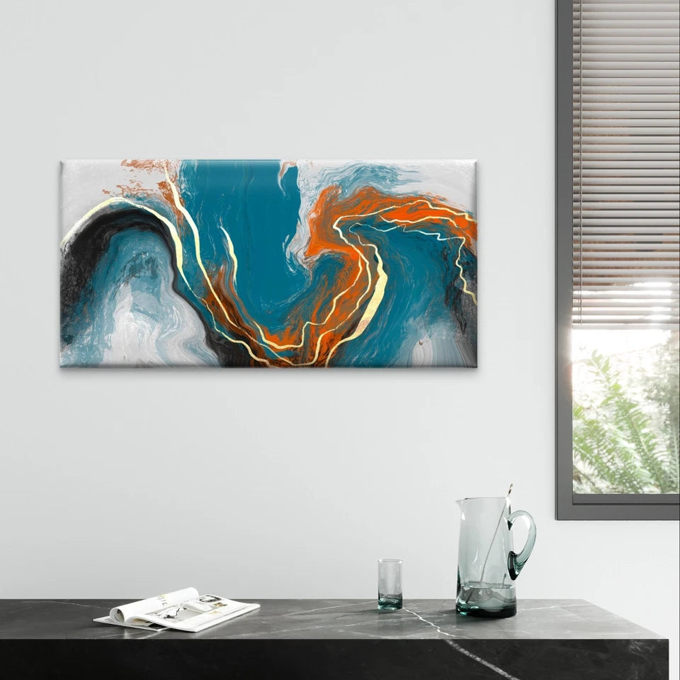 Blue, Orange and Gold Abstract Fluid Wall Art Canvas Office Home Framed 120x60cm
