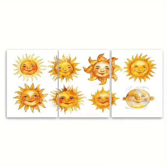 3pcs Smiling Sun Watercolor Illustrations Wall Art Canvas Framed 60x90cm - High Quality Print 100% Australian Made Wall Canvas Ready to Hang