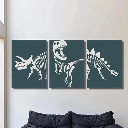 3pcs Dinosaur Triceratops Skeleton Outline Wall Art Set Canvas Unframed - High Quality Print 100% Australian Made Wall Canvas - Bella Home Decor