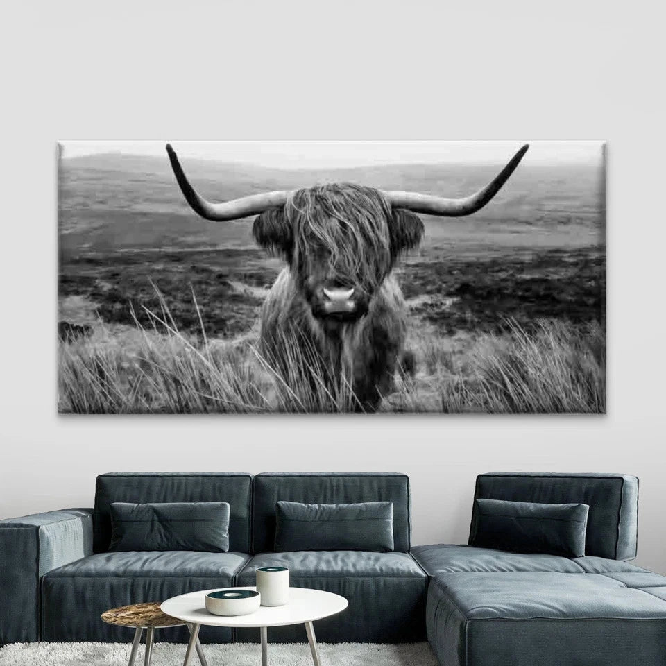 Black and White Highland Cow Wall Art Canvas Office Home Room Framed 120x60cm