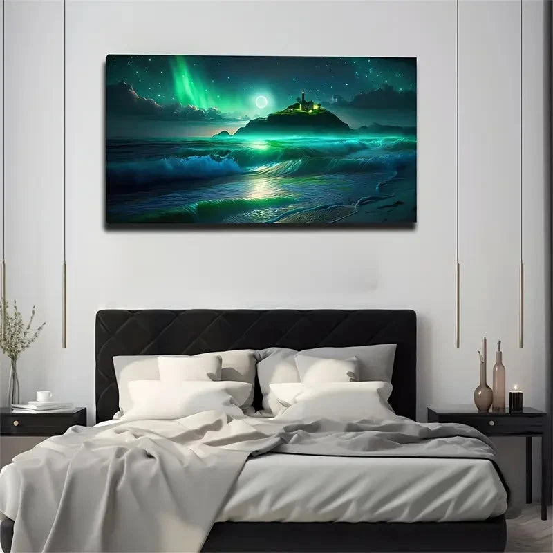 Green Aurora On The Island Wall Art Canvas Office Home Room Framed 120x60cm