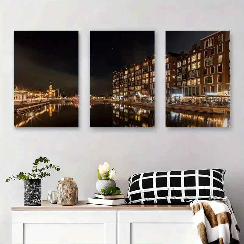 3pcs Amsterdam Canal Night Cityscape Night Metal Print Ready to Hang Art