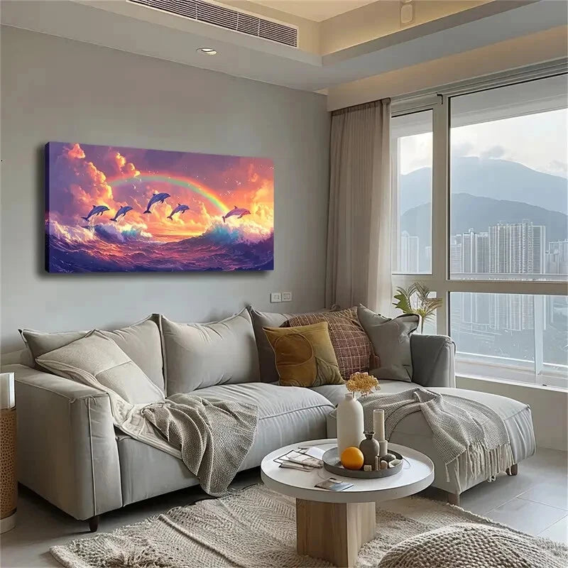 Vibrant Dolphins Leaping Under Wall Art Canvas Office Home Room Framed 120x60cm - Bella Home Decor