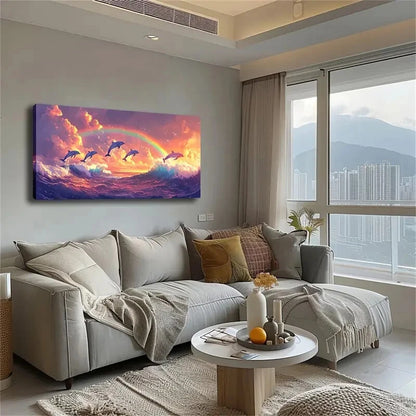 Vibrant Dolphins Leaping Under Wall Art Canvas Office Home Room Framed 120x60cm - Bella Home Decor