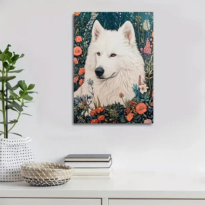 Cute Samoyed Dog with Vibrant Floral Design 40x60cm Metal Print Ready to Hang - Bella Home Decor