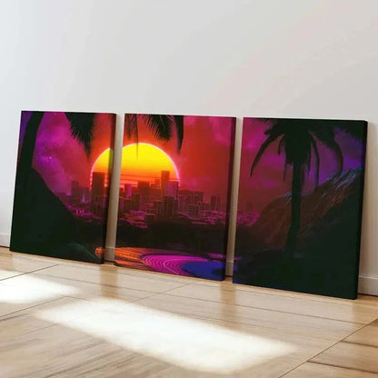 3pcs Sunset Cityscape Vaporwave Aesthetic Wall Art Set Canvas Framed 60x90cm - High Quality Print 100% Australian Made Wall Canvas Ready to Hang - Bella Home Decor