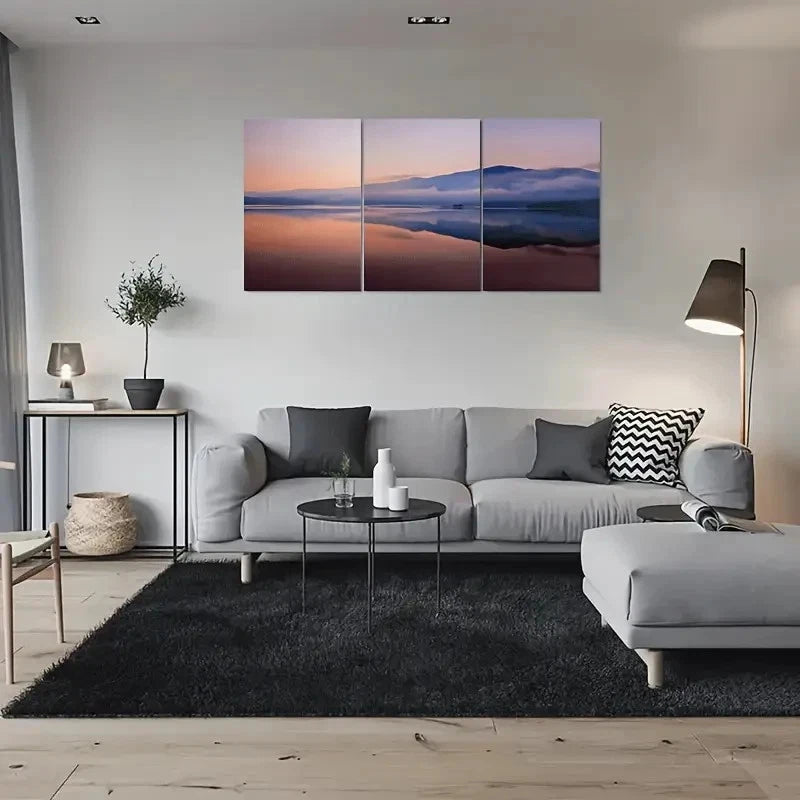 3pcs Tranquil Lake Sunset Painting Metal Print Ready to Hang Art