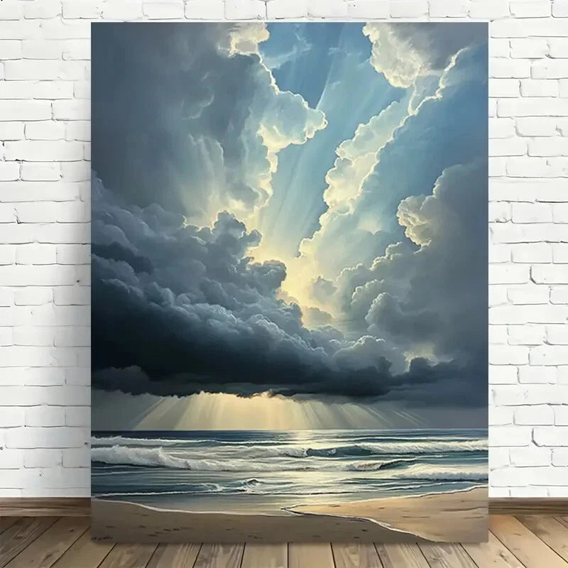 Beautiful Ocean Rays Of Light Vibrant Beach Painting 40x60cm Metal Print Ready to Hang - Bella Home Decor