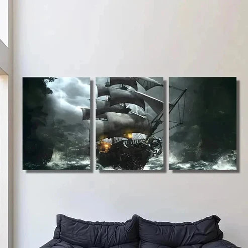 3pcs Fantasy Pirate Ship in Storm Theme Wall Art Canvas Unframed - High Quality Print 100% Australian Made Wall Canvas