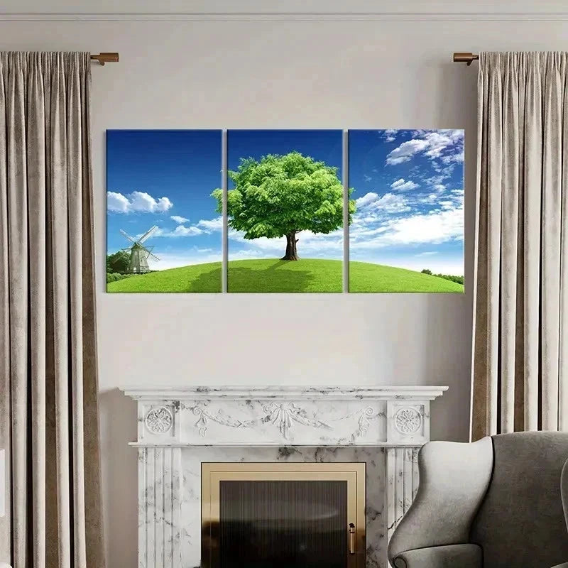3pcs Blue Sky Grass and Big Trees Modern Wall Art Set Canvas Framed 40x60cm - High Quality Print 100% Australian Made Wall Canvas Ready to Hang - Bella Home Decor