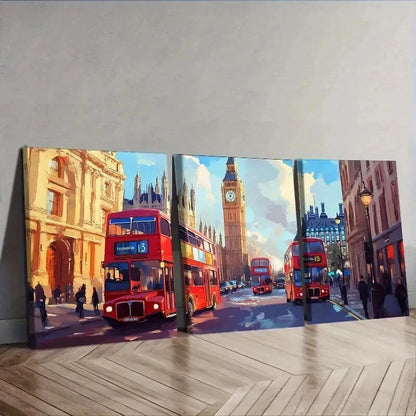 3pcs Red Double-Decker Bus Cityscape Perfect Wall Art Set Canvas Framed 50x70cm - High Quality Print 100% Australian Made Wall Canvas Ready to Hang - Bella Home Decor