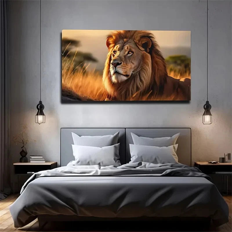 Realistic Lion On The Prairie Wall Art Canvas Office Home Room Framed 120x60cm