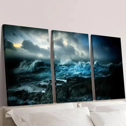 3pcs Amazing Deep Ocean Waves at Night Wall Art Set Canvas Framed 60x90cm - High Quality Print 100% Australian Made Wall Canvas Ready to Hang