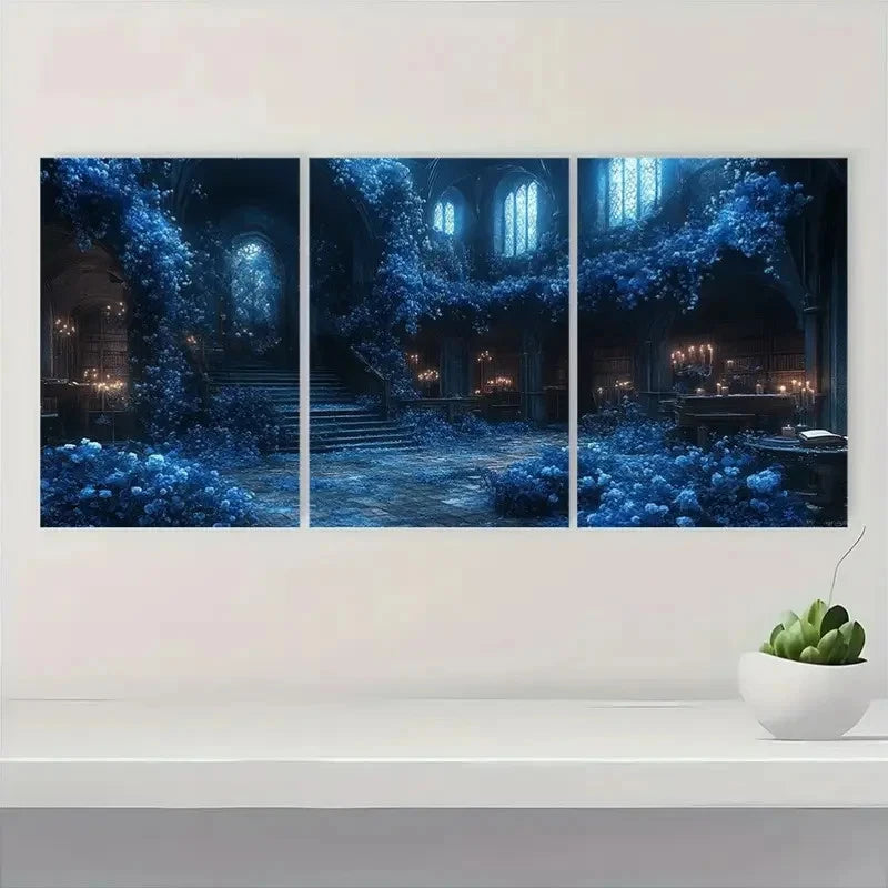 3pcs Blue Ivy & Staircase Dark Academia Fantasy Wall Art Set Canvas Framed 50x70cm - High Quality Print 100% Australian Made Wall Canvas Ready to Hang - Bella Home Decor