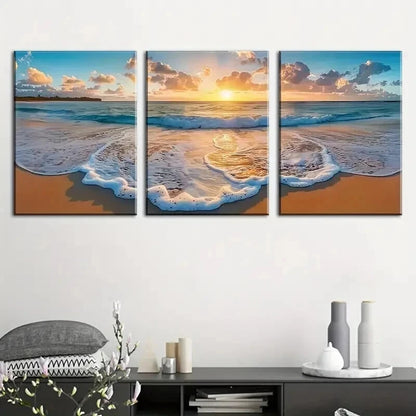 3pcs Featuring Beach Waves And Sunrise Perfect Wall Art Set Canvas Framed 50x70cm - High Quality Print 100% Australian Made Wall Canvas Ready to Hang - Bella Home Decor