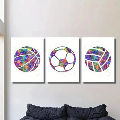 3pcs Colorful Basketball Volleyball & Soccer Wall Art Set Canvas Framed 60x90cm - High Quality Print 100% Australian Made Wall Canvas Ready to Hang