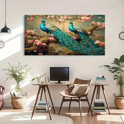 Stunning Blue Peacock & Peach Wall Art Canvas Office Home Room Framed 120x60cm - Bella Home Decor