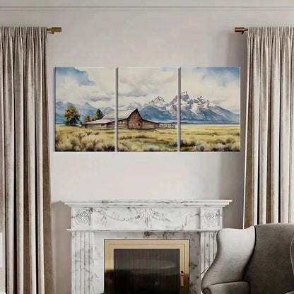 3pcs Mountain Barn Rustic Landscape Snowy Peak Wall Art Set Canvas Framed 60x90cm - High Quality Print 100% Australian Made Wall Canvas Ready to Hang - Bella Home Decor