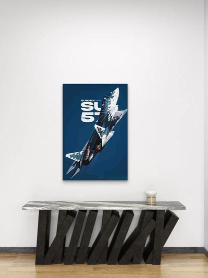 Vibrant Blue Fighter Jet in Sky Metal Print Ready to Hang