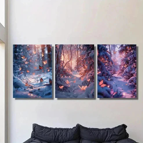 3pcs Glittering Winter Butterfly Snow Forest  Wall Art Set Canvas Unframed - High Quality Print 100% Australian Made Wall Canvas - Bella Home Decor
