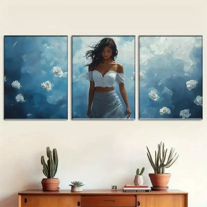 3pcs Stunning Blue Dreamy Elegant Lady Wall Art Set Canvas Framed 50x70cm - High Quality Print 100% Australian Made Wall Canvas Ready to Hang