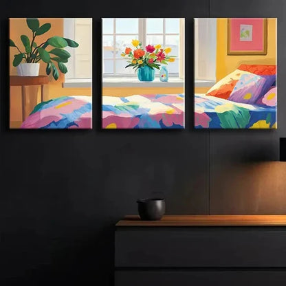 3pcs Bedroom with Window Illustration Perfect Wall Art Set Canvas Unframed - High Quality Print 100% Australian Made Wall Canvas - Bella Home Decor