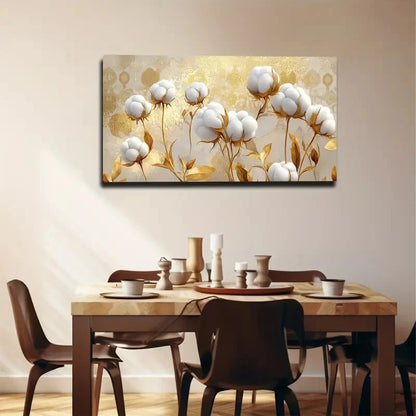 Dining room with a table and chairs, featuring a decorative wall painting of cotton plants.