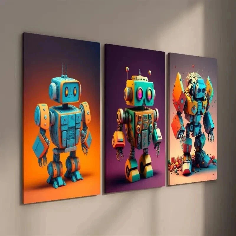 3pcs Blue & Orange Toy Robots Decor Wall Art Set Canvas Framed 50x70cm - High Quality Print 100% Australian Made Wall Canvas Ready to Hang